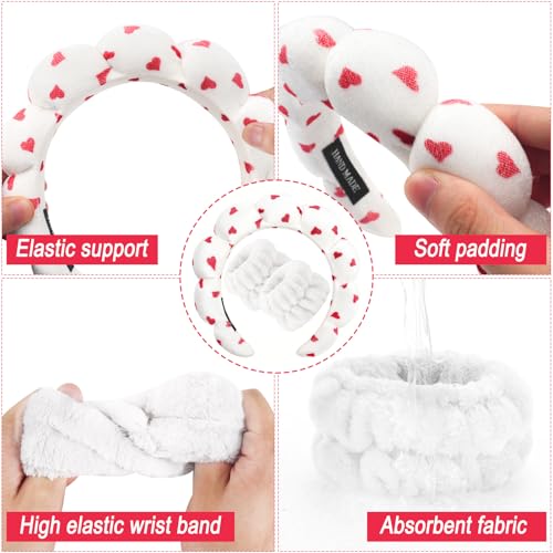 Zkptops Spa Headband for Washing Face Wristband Set Sponge Makeup Skincare Velvet Fabric Bubble Soft Get Ready Hairbands for Women Puffy Headwear Non Slip Thick Thin Hair Accessory (Red Heart) - color: ZYC Red Heart