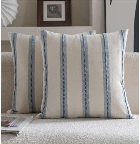 Cethom Boho Throw Pillow Covers 18x18 Set of 2, Beige and Blue Striped Decorative Pillow Cases for Couch Chair Bed, Textured Farmhouse Accent Cushion Covers for Living Room Bedroom Sofa Home Decor - color: Classic Blue, size: 18" x 18" (Pack of 2)