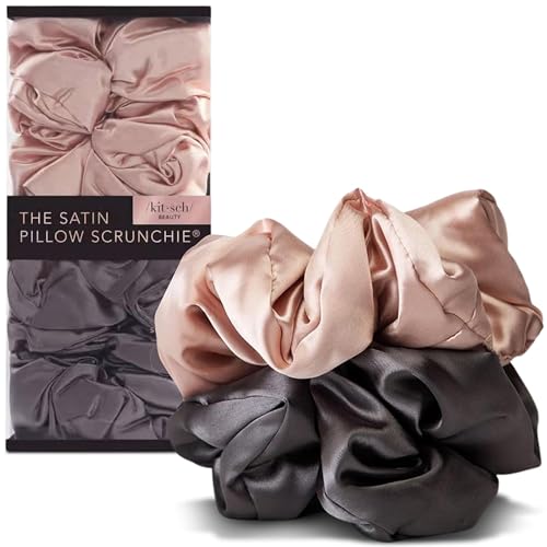 Kitsch Pillow Satin Scrunchies for Women -Blush/Charcoal, 2pcs - color: Blush/Charcoal