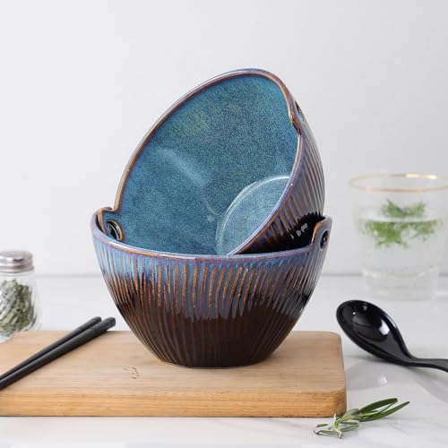 Ceramic Ramen Bowl with Chopsticks and Spoons Set, 6.7 Inch Noodle Bowl Set for Pho Udon Soba, Set of 2 (Sky Blue) - color: Sky Blue