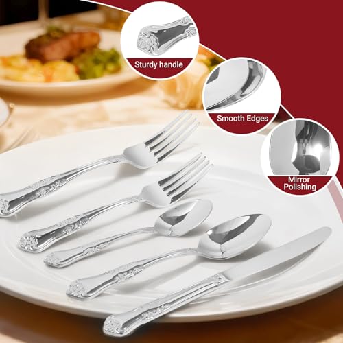 Silverware Set,Stainless Steel Flatware Cutlery Set with Floral Handles,Included Knife Spoon and Fork, Mirror Polished Cutlery Utensil Sets for Home Kitchen Restaurant Wedding, Party - color: Silver, size: 40 pieces for 8