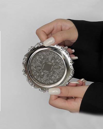 Round Decorative Tray 3.9in Metal Dessert Plates Vintage Coffee Table Tray for Snacks Fruit Silver - color: Silver, size: 3.9in