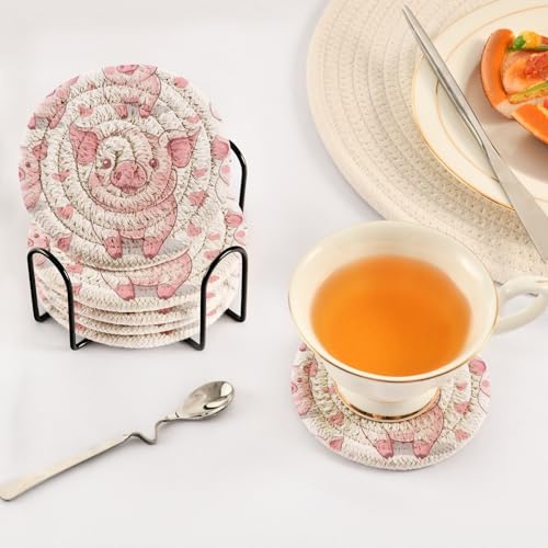 Cute Pig Drink Coasters Set - 6 Pcs Minimalist Woven Coasters with Holder for Home Decor, 3.94 Inch Absorbent Coasters for Drinks - color: C185