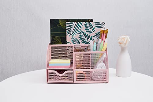 Annova Mesh Desk Organizer Office with 7 Compartments + Drawer/Desk Tidy Candy/Pen Holder/Multifunctional Organizer (Light Pink) - color: Light Pink