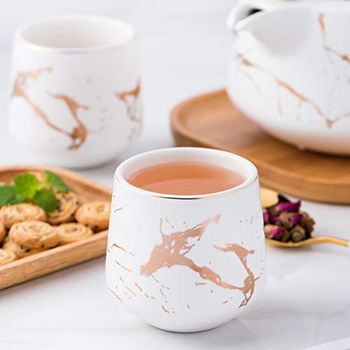 Serve of 4-Marble Porcelain Teapot Set with Infuser for Loose Tea, White - color: White