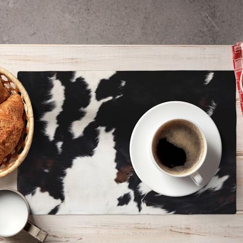 Cowhide Print Placemats Rectangle Linen Table Placemet Set of 4 - color: Black White Brown, size: Set of 4