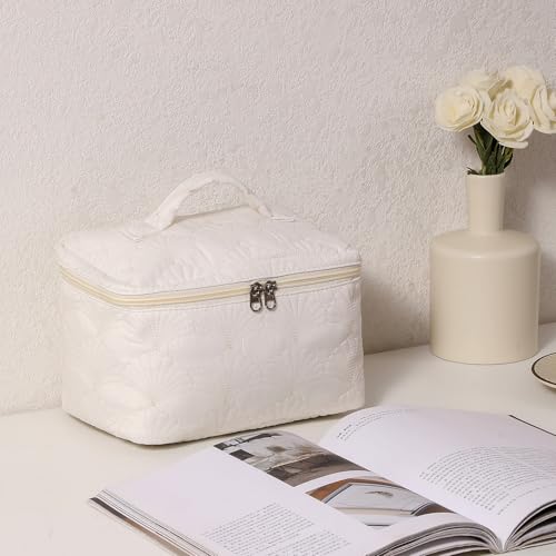 RSRSLEII 3Pcs Quilted Cotton Seashell Makeup Bag, Travel Toiletry Bag,White - color: 08 3Pcs White