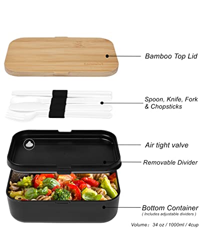 Bento Box Lunch Box Containers for Adults - Natural Bamboo Lid, Cutlery & Chopsticks, Lunch Box for Women, Microwave Safe, Dishwasher Safe, Bpa Free, Leakproof, Men - color: Black