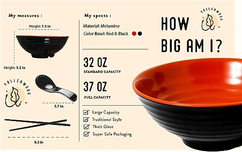4 Ramen Bowls, 12 pieces Pho set. Red Black Ramen Bowl Set. Unbreakable Melamine. Asian Japanese soup. Spoons And Chopsticks kit. . XL 37 oz. Noodles, Rice, Udon, Thai, Chinese, Korean, Wonton, Miso - color: Red Black x4