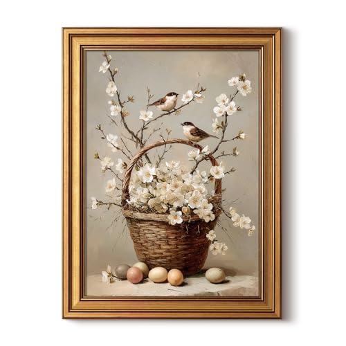 HUARCEY Gold Framed Canvas Wall Art, Bird Flower Basket Decor, 12x16 Inch - color: Bird Flower Basket, size: 16"L x 12"W