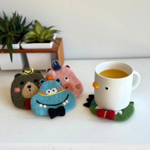 Humble Hilo Handmade Animal Felt Coaster Set of 4, Absorbent Coaster for Animal Lover (Funny Animals) - color: Funny Animals