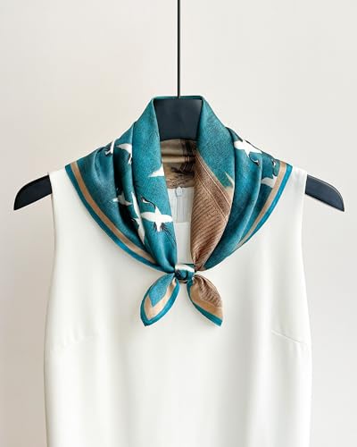 100% Mulberry Silk Scarf for Women Lightweight 21" Small Square Neck Scarf Headscarf Neckerchief Gift Packed - color: Blue Auspicious Cranes