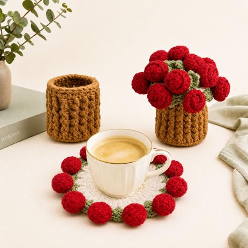 Crochet Flowers Coasters with Basket,Handmade Rose Bouquet Blanket Kawaii Decor Coaster for Desk,Coffee Table,Home Decor,Wedding Gift,Housewarming,Birthda(2Pcs) (Red) - color: Red