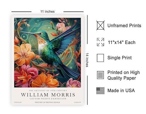 Poster Master William Morris Poster - Hummingbird Print - Flower Art - Botanical Art - Exhibition Artwork - Animal Piece - Floral Illustration - Farmhouse Creation - Colorful Bedroom Wall Decor - 11x14 UNFRAMED Wall Print - color: Style-02, size: 11"L x 1