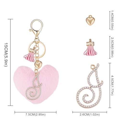 Initial Letter Heart Pom Pom Keychain for Women Pink Soft Fluffy Ball Key Ring for Purse Backpack Handbag - color: G