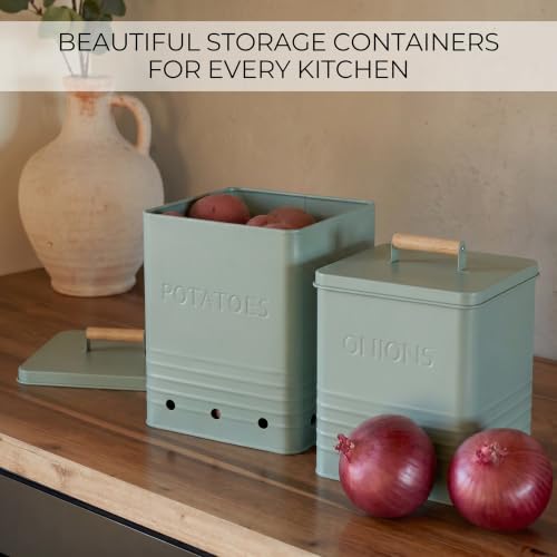 Beautiful Potato and Onion Storage Container Set - Food Safe Metal Bins - color: Sage