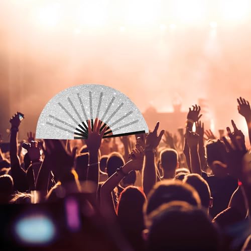 Large Folding Hand Fan Glitter Large Rave Hand Fan, Folding Shiny Hand Fan Clack Handheld Fan Women Handheld Fan with Bag for Festival, Disco Party, Club, Dance, EDM, Home Decoration(Silver) - color: Silver
