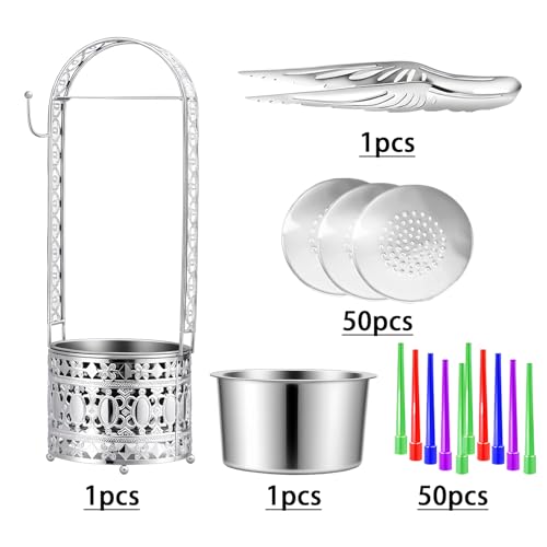 Portable Hookah Charcoal Basket with Coal Tongs,50 pre-Cut foil Sheets, 20 hygienic mouthpieces - Metal Storage Container & Holder for Shisha Accessories (Silver Basket 15.7") - size: Silver Basket 15.7"
