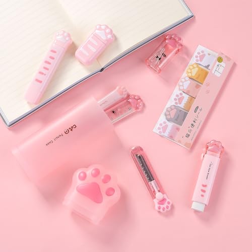 9 Pcs Cute Cat Paw Stationery Set Kawaii School Supplies Including Pencil Sharpener Retractable Eraser Correction Tape Sticky Notes Ruler Mini Scissors Utility Knife for Cat Lovers Students (Pink) - style: Style B(Pink)