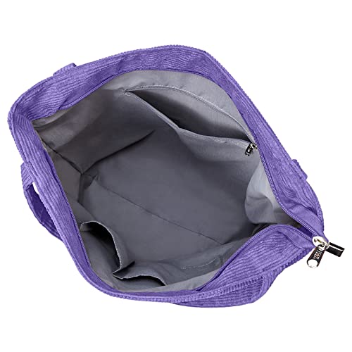 KALIDI Women Corduroy Tote Bag Zipper Casual Tote's Handbag Big Capacity Shoulder Bag with Pockets - color: Purple