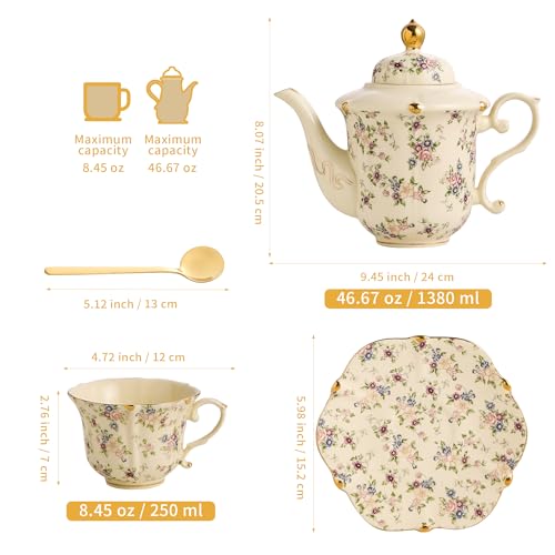 TATSUMI Country Roses Porcelain Tea Set, European Ceramic tea set for adults,Vintage Style, For Women and Tea Parties (Yellow, 13 Pieces Set) - color: Yellow, size: 13 Pieces Set