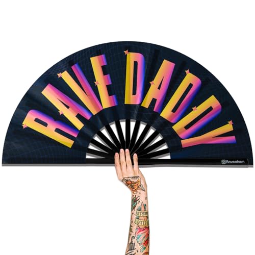 UV Glow Rave Fan, Bamboo Folding Clack Hand Fans Foldable for Men Women, Poping Fan for EDM Festival Line Dance Decoration, (Rave Daddy, Large 13") - color: Rave Daddy, size: Large 13"
