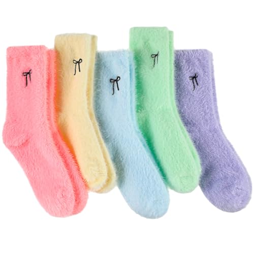 Geyoga 5 Pairs Fuzzy Bow Socks for Women Fluffy Slipper Gift - color: Pastel