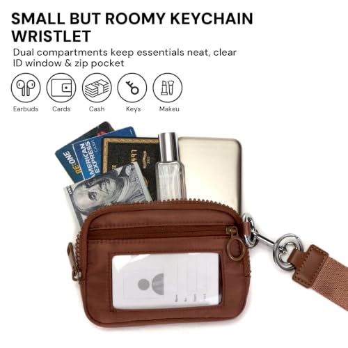Keychain Wallet for Women with Clear ID Window, Coin Pouch and Wrist Strap - color: Light Brown