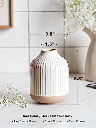 Boho Farmhouse Small Ceramic Vase for Pampas Grass & Flowers - 5.3 Inch Rustic White Vase, Centerpiece for Eucalyptus, Tiny Stems & Bouquets with Embossed Lines - color: Line