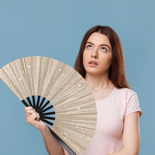 2 Pack Glitter Large Folding Hand Fans for Line Dancing, Popping Fan Large Rave Hand Fan for Boots On The Ground Dance, Concert, Party, Festival, Home Decorations(Champagne Gold) - color: Champagne Gold