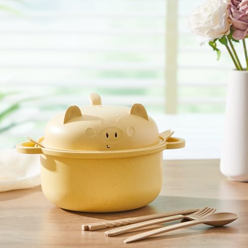 1 Set Large 45oz Cute Pig Ramen Bowl Set Microwavable Cooker, Yellow - color: Yellow