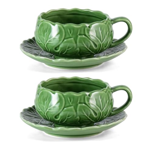 KAMMAK Tea Cups and Saucers Set of 2, 10 oz Porcelain Coffee Cups, SY008 - size: 8CZSY008
