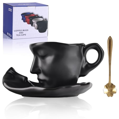 Tea Cup and Saucer Set Ceramic Kissing Couple Coffee Mug Set With Spoon Face Coffee Cup Unique Teacup and Saucer Valentine's Day Christmas Creative Gift - color: Black