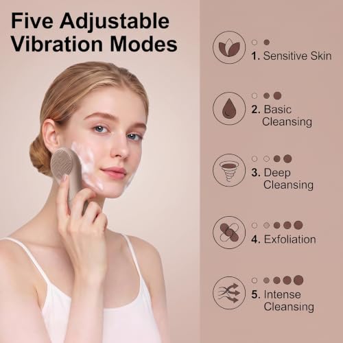 Silicone Facial Cleansing Brush，500mAh Rechargeable Face Scrubber，IPX7 Waterproof Electric Face Scrubber with 5 Adjustable Levels,for Deep Cleaning,Exfoliating & Massaging (Brown) - color: Brown