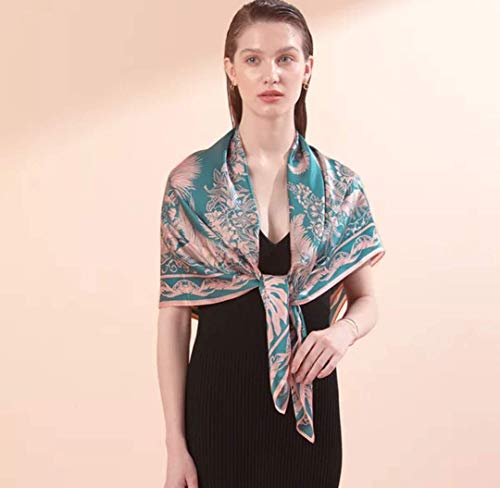 ANDANTINO 100% Mulberry Silk Scarf -Women 35" Square Hair Wraps-Gift Packed - color: Blue & Pink Leaves