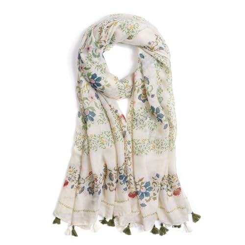 QIUTIMIY Scarf for Women Lightweight Soft Floral Leopard Printed Scarves Fall Winter Fashion Shawl Wrap with Fringe - color: Flower-beige Green