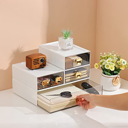 Desktop Storage Drawers, Stackable Countertop Organizer with Drawers - color: 1 Middle & 2 Small Drawers, White