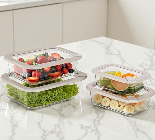 Glass Food Containers with Glass Lid, Microwave Safe Food Storage Container Set, 4 Pack, Airtight Storage Set with Leak Proof Lids, Meal Prep Containers - color: Grey-J4R