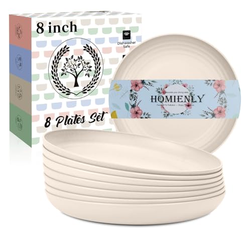 Homienly Dessert Plates - 8 Inch Wheat Straw Plates Set, Dinner Plates Set of 8, Appetizer Plates, Lightweight Unbreakable Plates, Microwave Safe Plates, Deep Plates for Dinner - Beige - color: Beige, size: 8 Inch