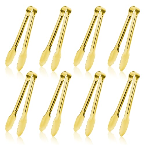 8PCS Gold Metal Tongs, 9" Stainless Steel Serving Tongs, Small Kitchen Accessories for Appetizer, Ice, Sugar Cube, Salad, Toaster, Desserts (Gold, 9 INCH) - size: 9 INCH