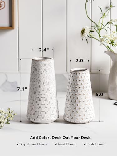 Ceramic Vase for Decor, 6 Inch+7.1 Inch White Flower Vase for Lego Flowers, Tulip and Pampas Grass, Embossed Farmhouse Vases for Centerpieces,Home Living Room Dining Table Office Decor, Arctic White - color: Clover & Fireworks