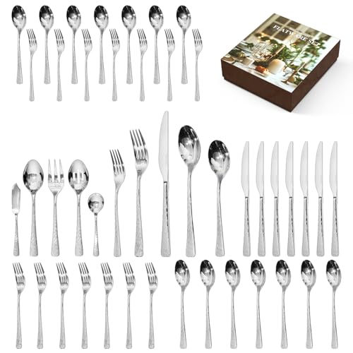 Silverware Set with Serving Utensils, 45 Piece Flatware Set, 18/10 Steel - color: Silver, size: 45-Piece