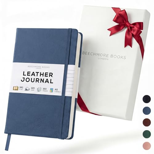 BEECHMORE BOOKS A5 5x8 Lined Leather Journal For Men, 120 GSM with Gift Box - color: Symphony Blue, size: A5 - 5.8" x 8.3" Medium