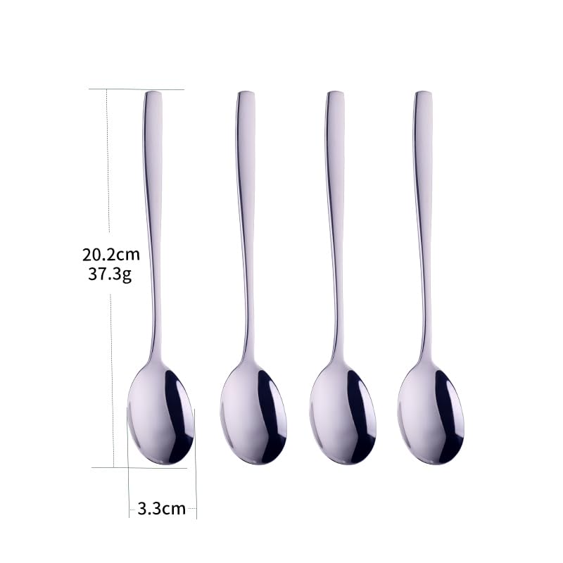 Metal Round Spoons, 8 inch Stainless Steel Reusable Long Handle Korean Soup Spoons, Table Dinner Desert Spoon Set of 8 - size: Silver