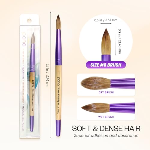 PANA Pure Kolinsky Hair Acrylic Nail Brush - Round Shape Purple Ferrule with Beige Wood Handle (Size 8) - color: Beige, size: Size 8