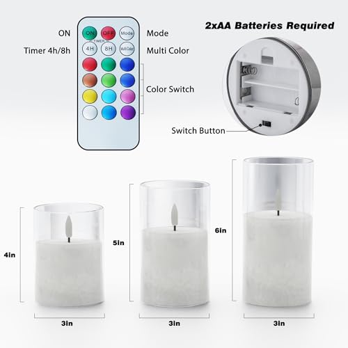 Battery Operated Flameless Candles with Remote & Timer, 12Color Glass 3Pack - color: Multicolor