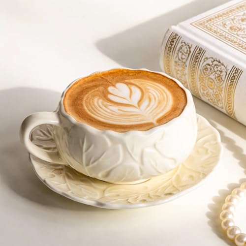 KAMMAK Tea Cups and Saucers Set of 2, 10 oz Porcelain Coffee Cups, SY005 - size: 8CZSY005