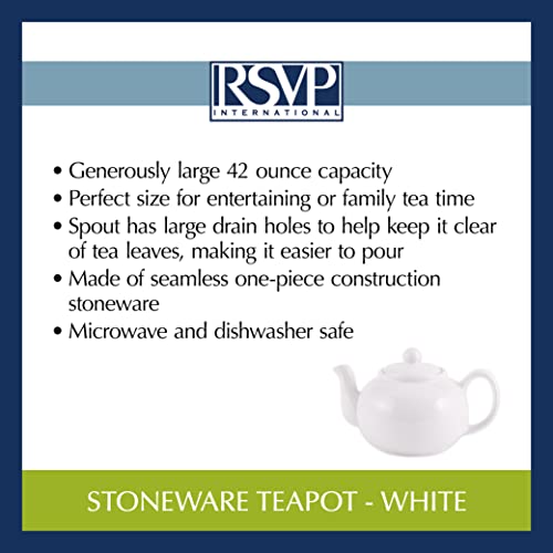 RSVP International Stoneware Teapot Collection, Microwave and Dishwasher Safe, 42 oz, White - color: White, size: 42 oz
