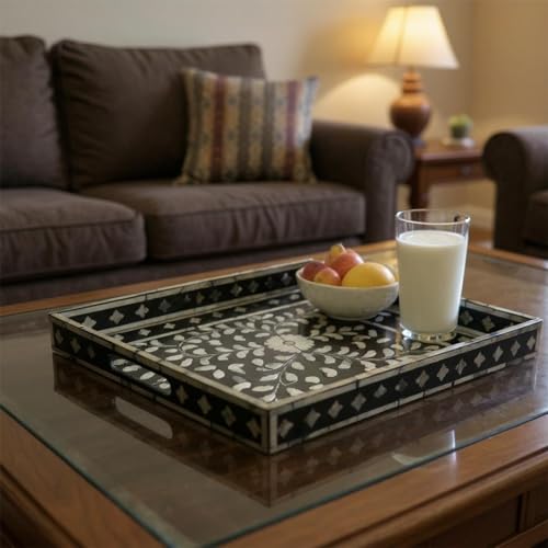 Rectangular Mother of Pearl Serving Tray, Handmade Ottoman Decorative Shell Tray with Handles for Fruit Bread Tea Breakfast Coffee Table Party Home Decor (Black Wicker Butterfly) - color: Black Wicker Butterfly