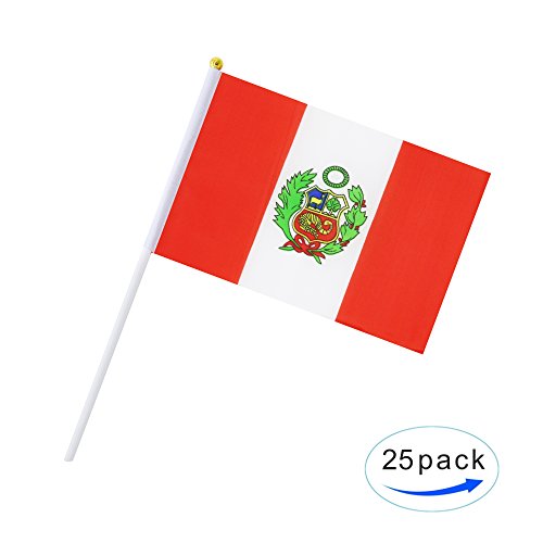 25 Pack Hand Held Small Mini Peru Peruvian Stick Flag Round Top National Country Flags,Party Decorations Supplies For Parades,World Cup,Festival Events,International Festival - color: Peru